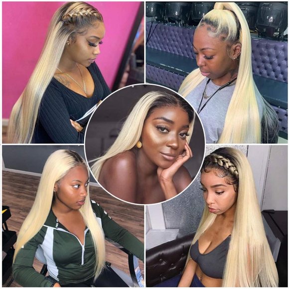 Ombre Lace Front Wig Blonde Human Hair Dark Roots Silky Straight 16 inches 150% main image 4